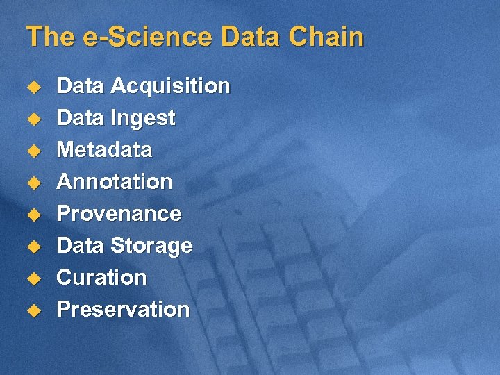 The e-Science Data Chain u u u u Data Acquisition Data Ingest Metadata Annotation