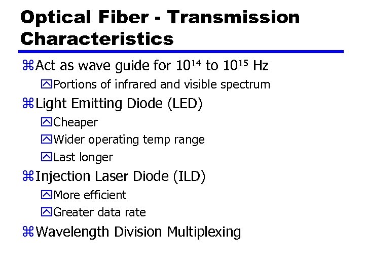 Optical Fiber - Transmission Characteristics z Act as wave guide for 1014 to 1015