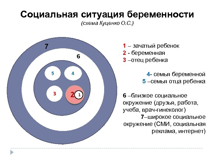 Социальная ситуация беременности (схема Куценко О. С. ) 7 6 5 3 4 4