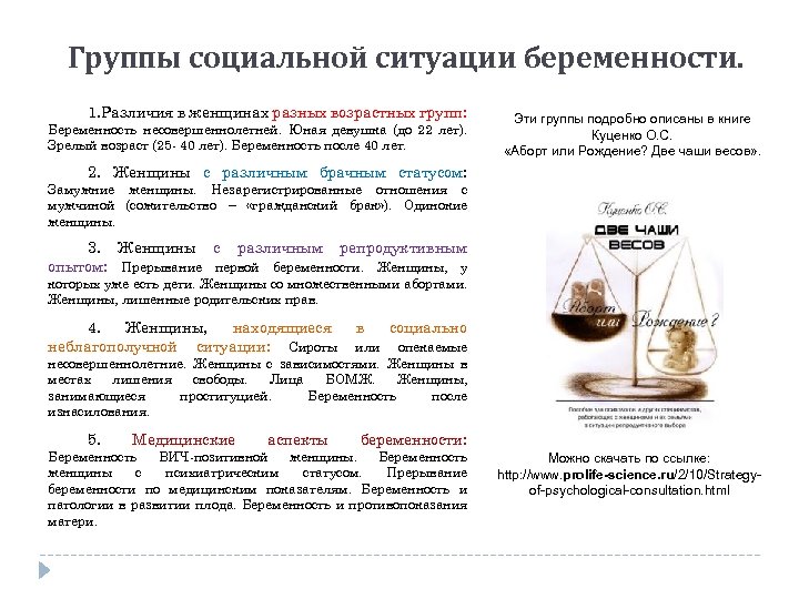 Группы социальной ситуации беременности. 1. Различия в женщинах разных возрастных групп: Беременность несовершеннолетней. Юная
