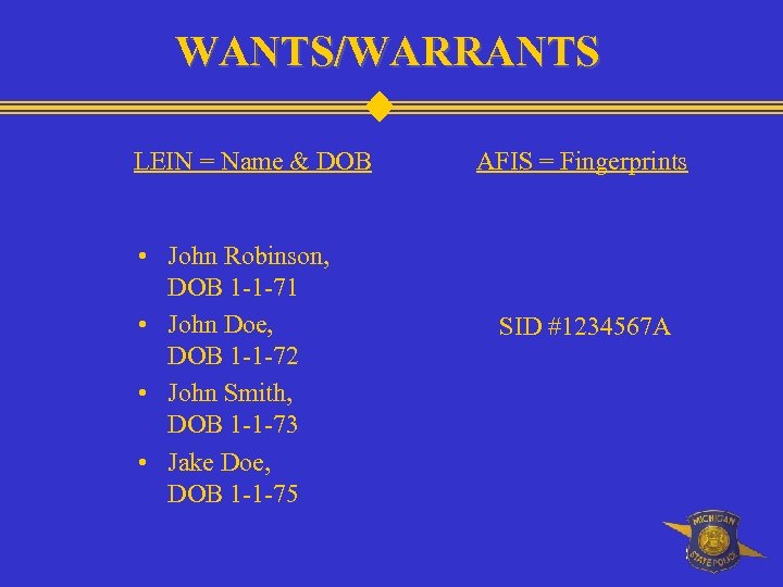WANTS/WARRANTS LEIN = Name & DOB • John Robinson, DOB 1 -1 -71 •