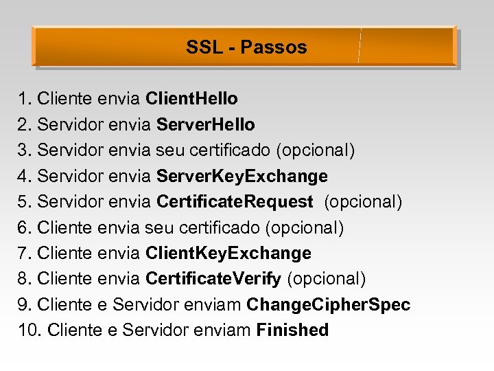 SSL - Passos 1. Cliente envia Client. Hello 2. Servidor envia Server. Hello 3.