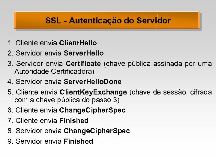 SSL - Autenticação do Servidor 1. Cliente envia Client. Hello 2. Servidor envia Server.