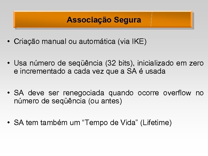 Associação Segura • Criação manual ou automática (via IKE) • Usa número de seqüência