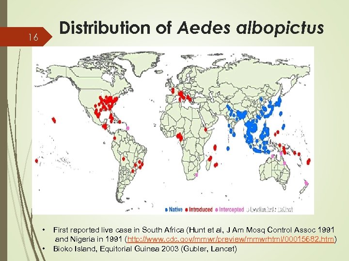 Distribution of Aedes albopictus 16 • • First reported live case in South Africa