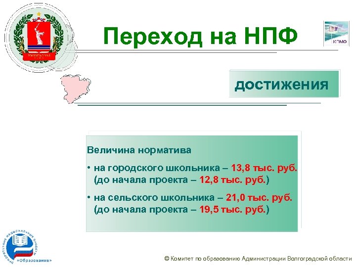 Переход на НПФ достижения Величина норматива • на городского школьника – 13, 8 тыс.