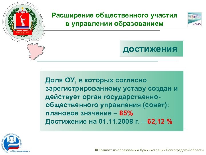 Расширение общественного участия в управлении образованием достижения Доля ОУ, в которых согласно зарегистрированному уставу