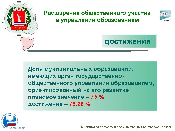 Расширение общественного участия в управлении образованием достижения Доля муниципальных образований, имеющих орган государственнообщественного управления