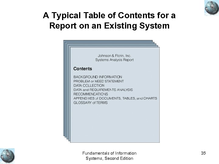 A Typical Table of Contents for a Report on an Existing System Fundamentals of