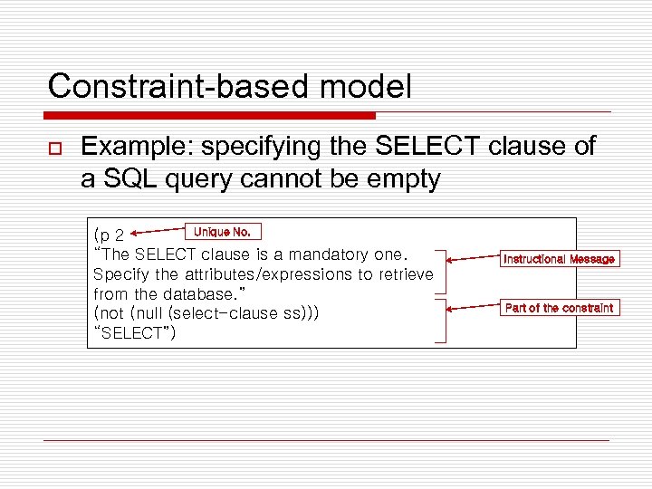 Constraint-based model o Example: specifying the SELECT clause of a SQL query cannot be