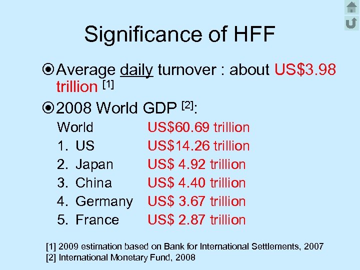 Significance of HFF Average daily turnover : about US$3. 98 trillion [1] 2008 World