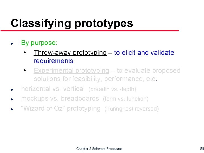 Classifying prototypes l l By purpose: • Throw-away prototyping – to elicit and validate