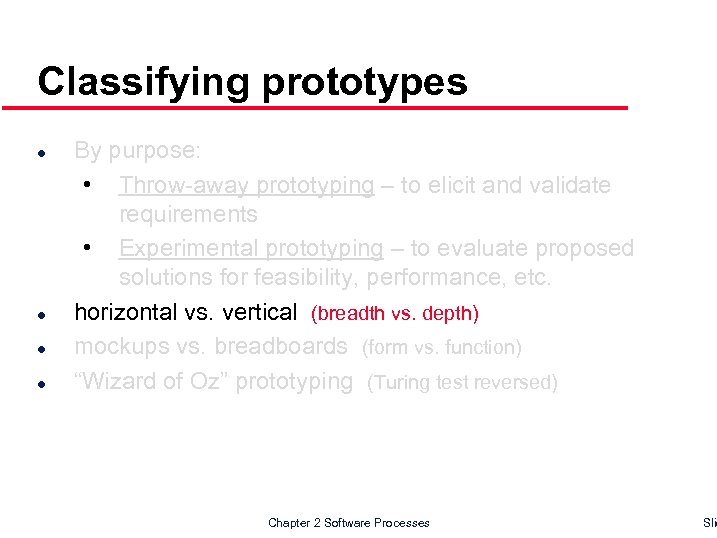 Classifying prototypes l l By purpose: • Throw-away prototyping – to elicit and validate