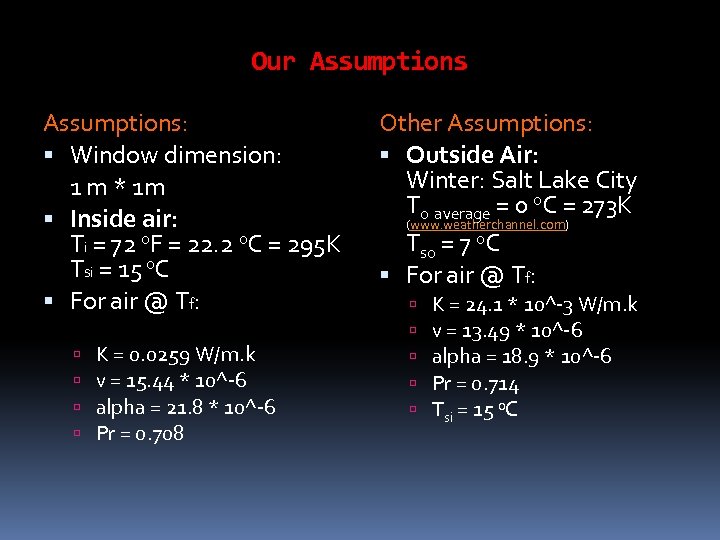 Our Assumptions: Window dimension: 1 m * 1 m Inside air: Ti = 72