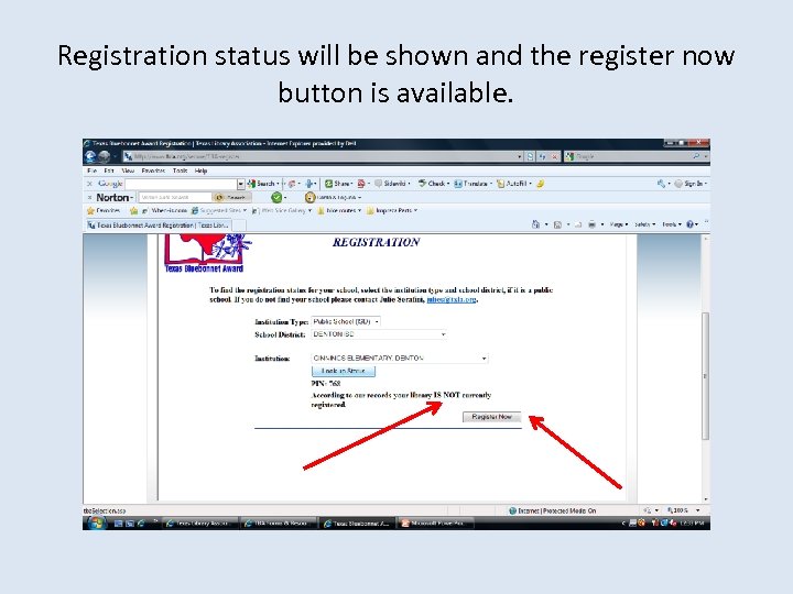 Registration status will be shown and the register now button is available. 
