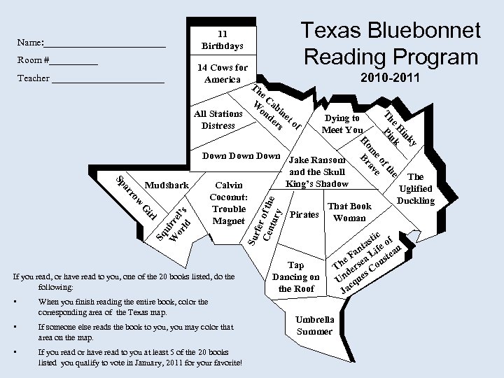 Name: _____________ Room #_____ Teacher ____________ Texas Bluebonnet Reading Program 11 Birthdays 14 Cows