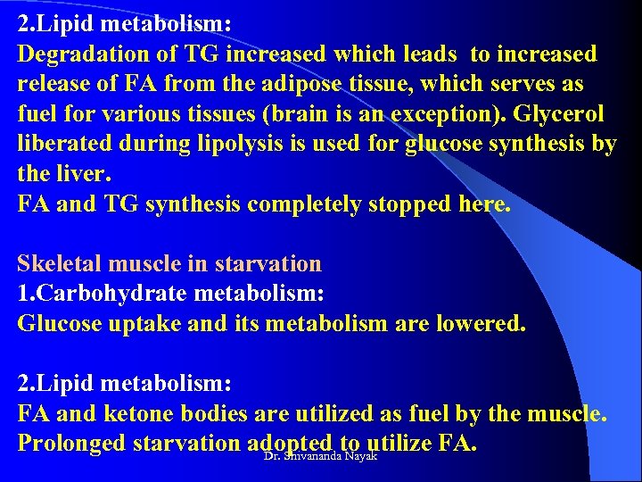 2. Lipid metabolism: Degradation of TG increased which leads to increased release of FA