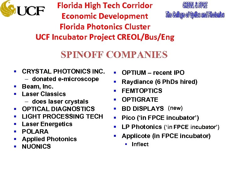 Florida High Tech Corridor Economic Development Florida Photonics Cluster UCF Incubator Project CREOL/Bus/Eng SPINOFF