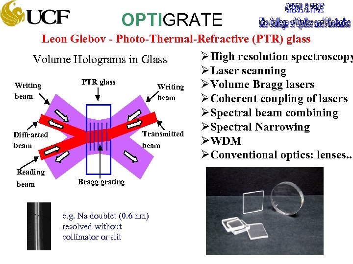 OPTIGRATE Leon Glebov - Photo-Thermal-Refractive (PTR) glass ØHigh resolution spectroscopy Volume Holograms in Glass