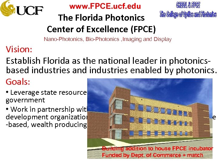 www. FPCE. ucf. edu The Florida Photonics Center of Excellence (FPCE) Nano-Photonics, Bio-Photonics ,