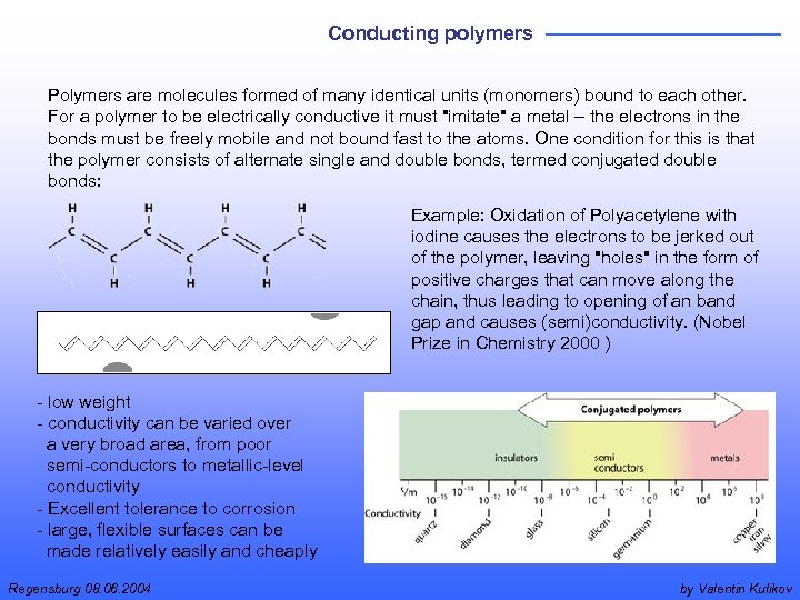 Conducting polymers Polymers are molecules formed of many identical units (monomers) bound to each