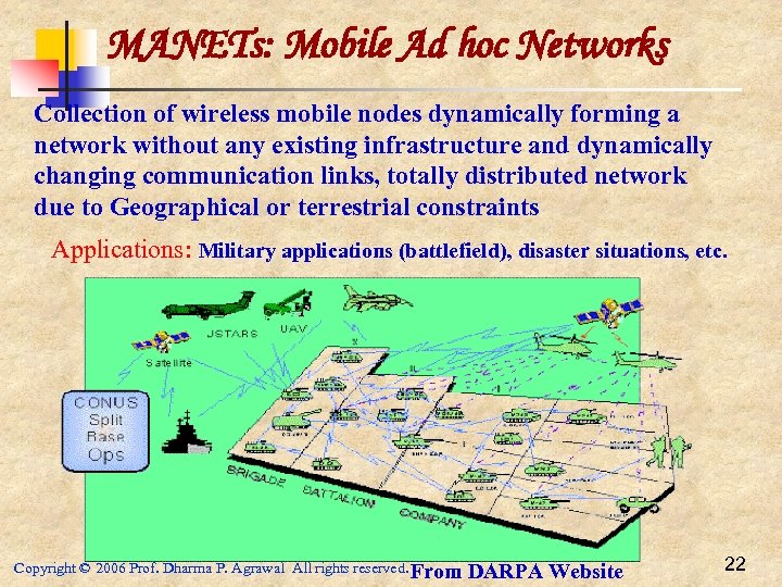 MANETs: Mobile Ad hoc Networks Collection of wireless mobile nodes dynamically forming a network