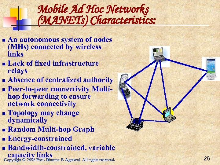 Mobile Ad Hoc Networks (MANETs) Characteristics: An autonomous system of nodes (MHs) connected by