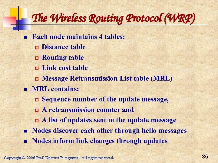 The Wireless Routing Protocol (WRP) n n Each node maintains 4 tables: p Distance