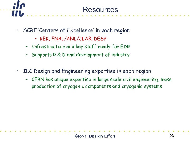 Resources • SCRF ‘Centers of Excellence’ in each region • KEK, FNAL/ANL/JLAB, DESY –