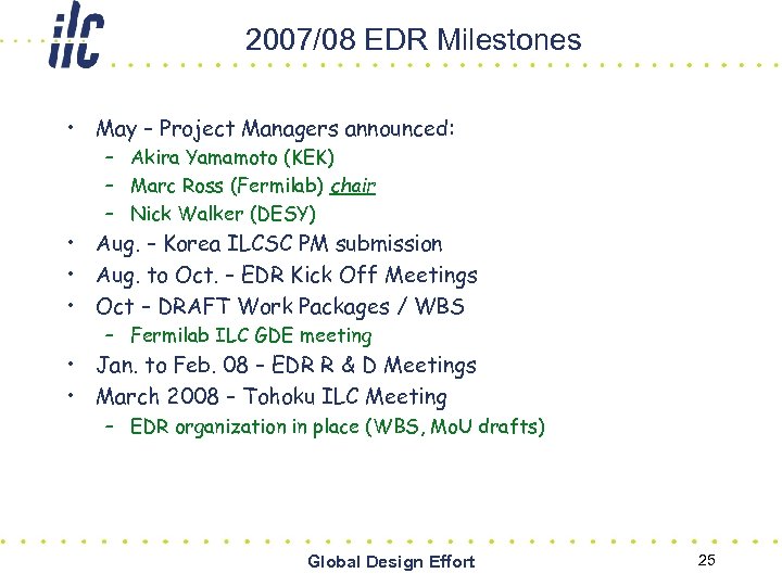 2007/08 EDR Milestones • May – Project Managers announced: – Akira Yamamoto (KEK) –