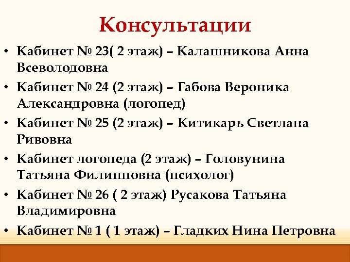 Консультации • Кабинет № 23( 2 этаж) – Калашникова Анна Всеволодовна • Кабинет №