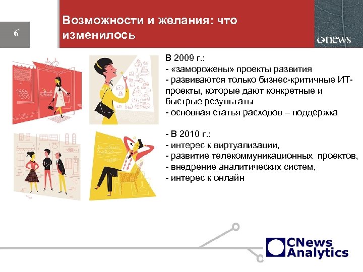 6 Возможности и желания: что изменилось В 2009 г. : - «заморожены» проекты развития