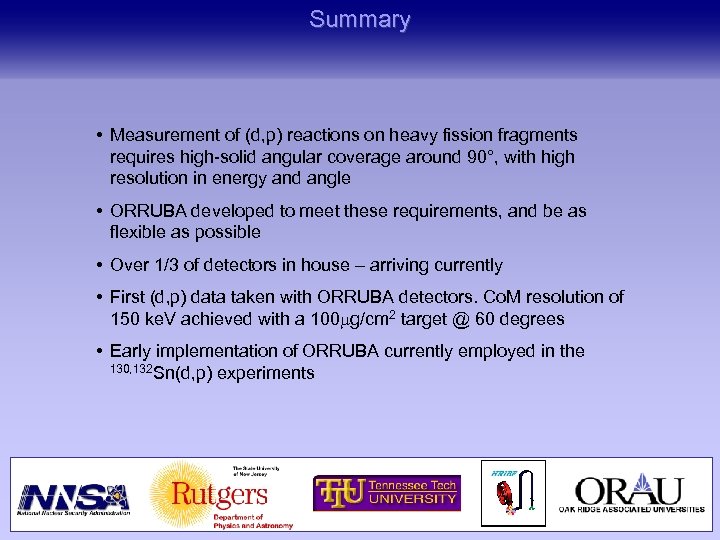 Summary • Measurement of (d, p) reactions on heavy fission fragments requires high-solid angular