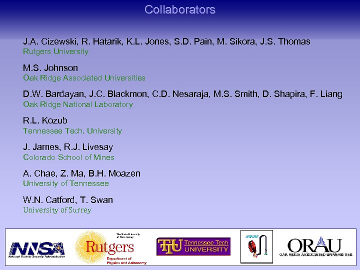 Collaborators J. A. Cizewski, R. Hatarik, K. L. Jones, S. D. Pain, M. Sikora,