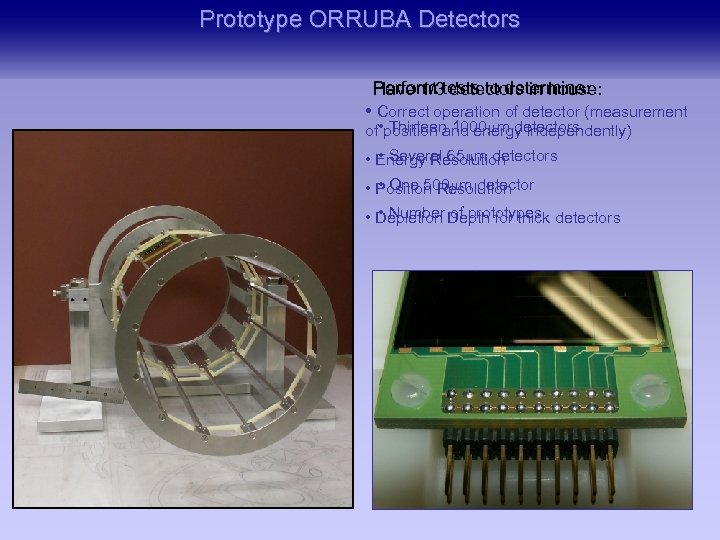 Prototype ORRUBA Detectors Perform detectors in house: Have 1/3 tests to determine: • Correct