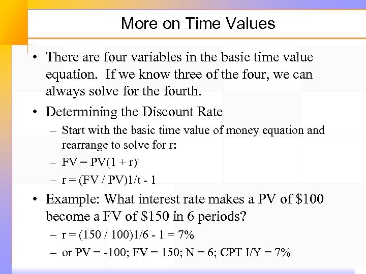 More on Time Values • There are four variables in the basic time value