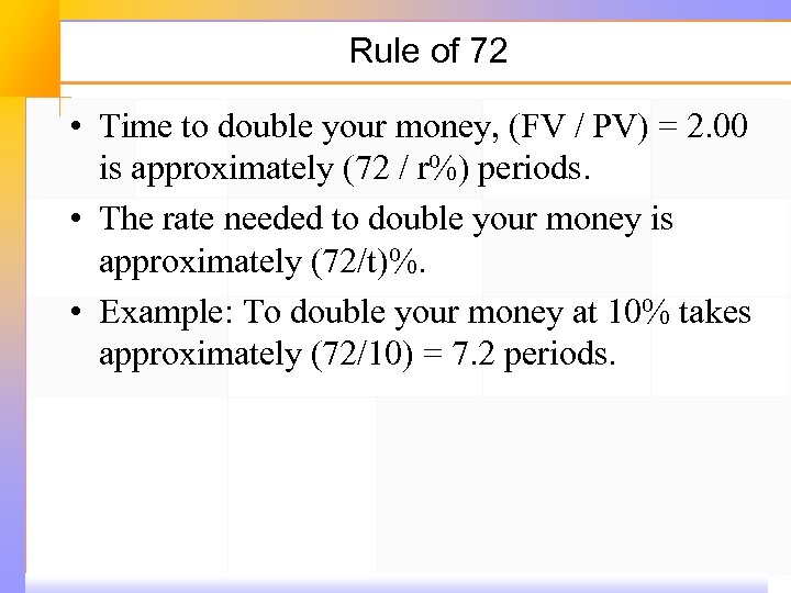 Rule of 72 • Time to double your money, (FV / PV) = 2.