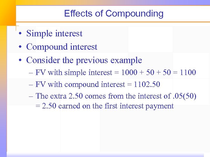 Effects of Compounding • Simple interest • Compound interest • Consider the previous example