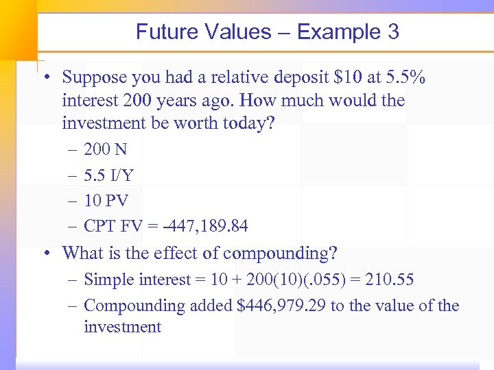 Future Values – Example 3 • Suppose you had a relative deposit $10 at