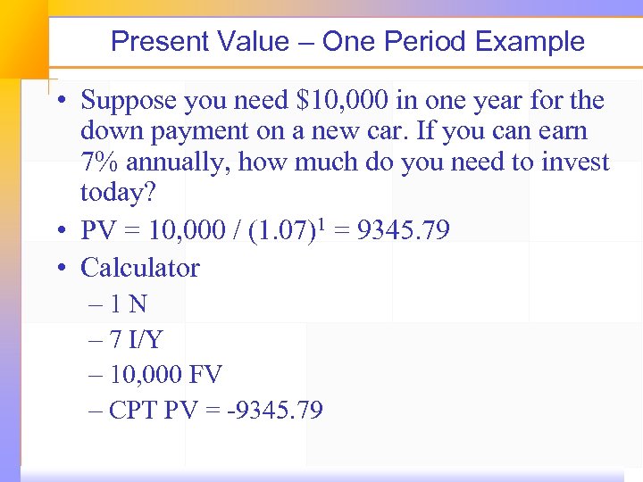 Present Value – One Period Example • Suppose you need $10, 000 in one