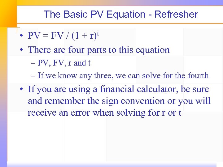 The Basic PV Equation - Refresher • PV = FV / (1 + r)t