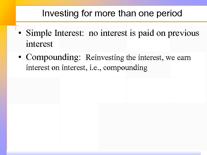 Investing for more than one period • Simple Interest: no interest is paid on