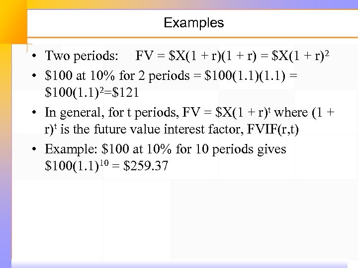 Examples • Two periods: FV = $X(1 + r)2 • $100 at 10% for