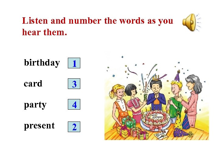 Listen and number the words as you hear them. birthday 1 card 3 party