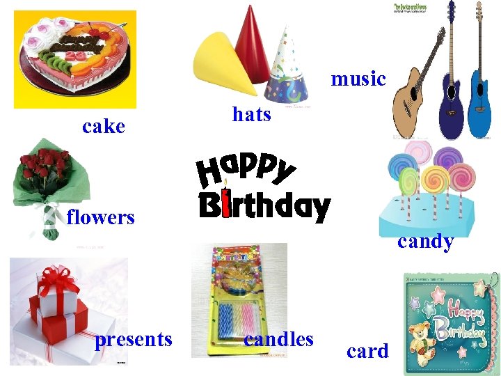 music cake hats flowers presents candy candles card 