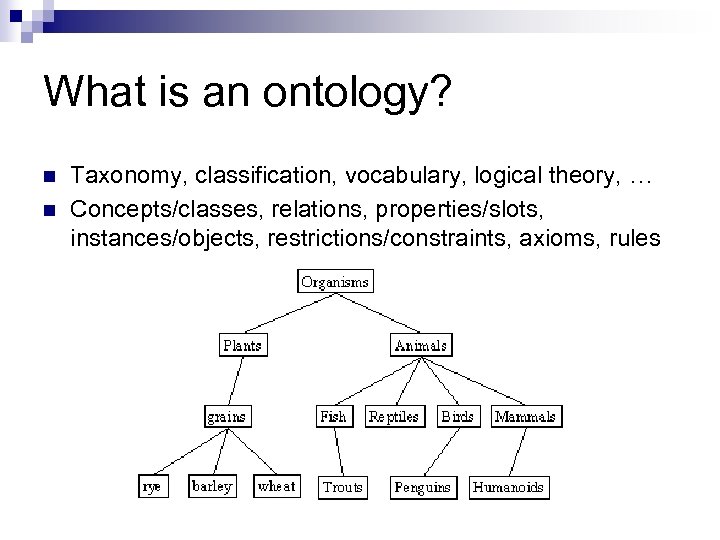 What is an ontology? n n Taxonomy, classification, vocabulary, logical theory, … Concepts/classes, relations,