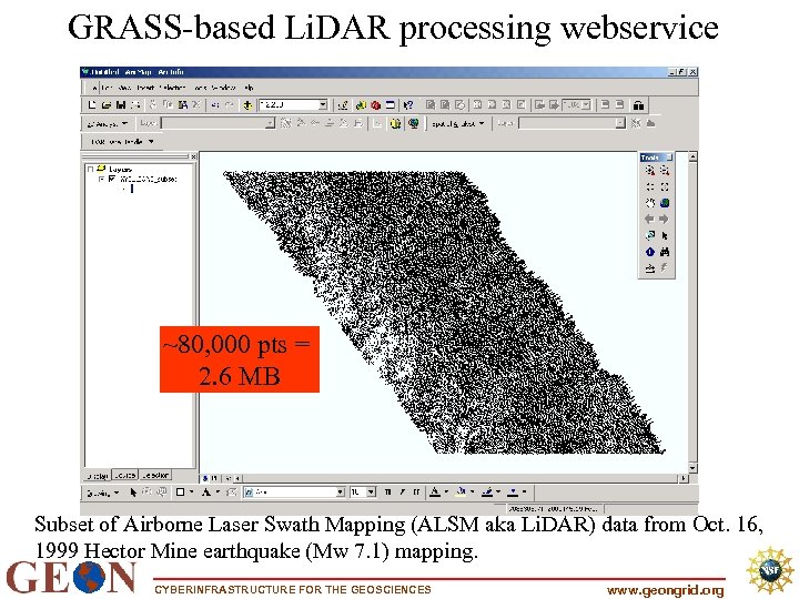 GRASS-based Li. DAR processing webservice ~80, 000 pts = 2. 6 MB Subset of