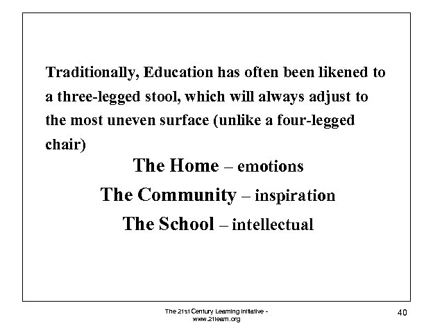 Traditionally, Education has often been likened to a three-legged stool, which will always adjust