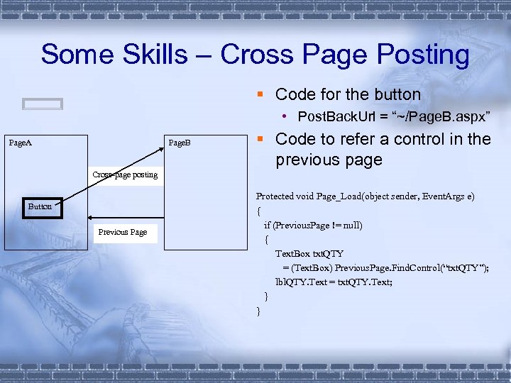 Some Skills – Cross Page Posting § Code for the button • Post. Back.