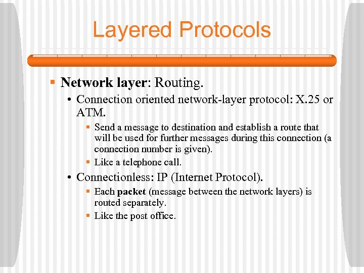 Layered Protocols § Network layer: Routing. • Connection oriented network-layer protocol: X. 25 or